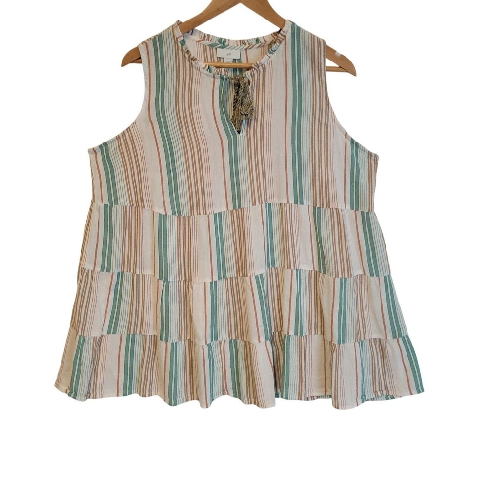 J Jill Striped Tiered Sleeveless Top Womens Size L Petite Boho Coastal Beachy